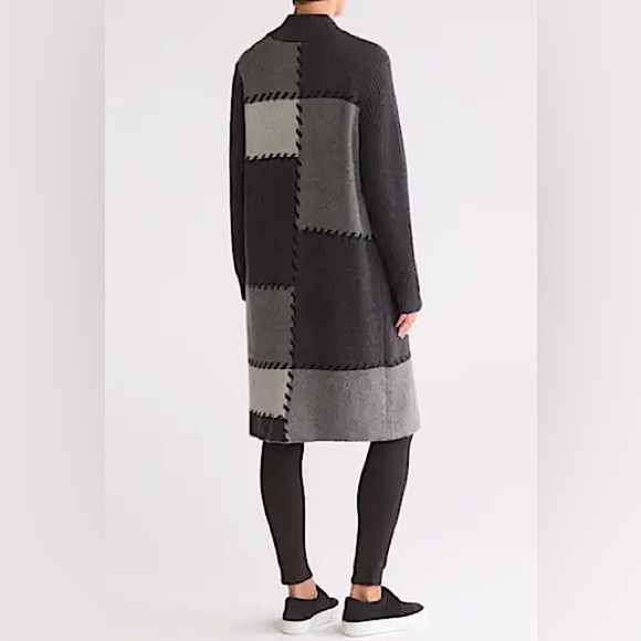 Joseph A Patchwork Open Front Cardigan Charcoal Knit Sweater, Size L, NWT - Picture 2 of 12